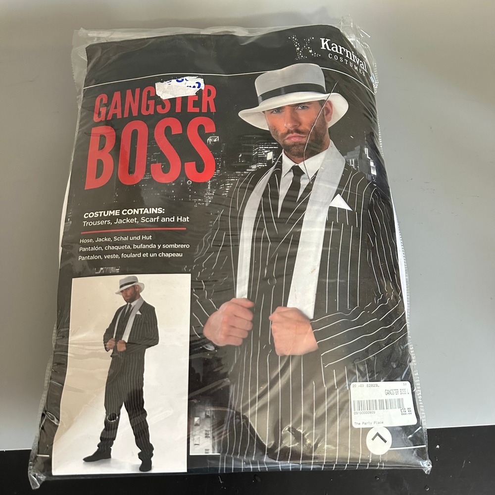Karnival Costumes Gangster Boss Mens L Black Pinstripe Suit Scarf Hat 82029L